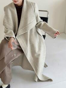 Cappotto classico a coste, cappotto oversize da donna con doppio petto in lana, con cintura, casual per autunno e inverno. - Beige - Visualizzare 9