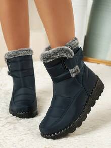 FZY New 2026 Winter Women's Ankle Boots And Short Boots: Stylish, One-Piece Mid-Calf Platform Boots With Adjustable Elastic Heels And A Thick, Fashionable Flannel Edging, Perfect For Winter Outdoor Activities And Can Be Paired With Valentine's Day Outfits. Available In Black, Red, Grey, And Blue. Women's Winter Clothing. A Top Choice For Valentine's Day Gifts. Stylish, Warm Black Ankle Boots; Comfortable And Versatile Low-Heeled Shoes; One-Piece Boots. Avant-Garde Elongated Women's Boots; Comfortable And Durable Concealed Wedge Boots. - 藍色 - 查看 4