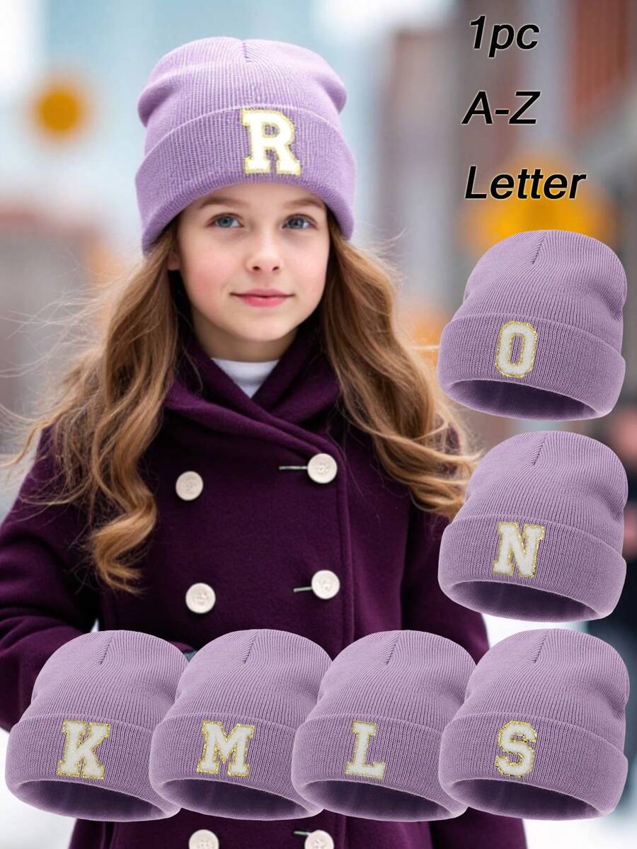 1pc Kids Embroidered 26 Letters Knit Beanie Hat, Children's Warm & Soft Knitted Hat, Unisex Baby Personalized Casual Knit Cap, Suitable For Daily Wear - Purple - View 1