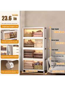 60cm/4layers Foldable Storage Box With Wheels And Magnetic Doors - Plastic Covered Storage Box, Space-Saving Design, Suitable For Clothes, Snacks, Camping Supplies - Modern Home And Outdoor Storage And Organization, Modern Aesthetics. - White - View 2