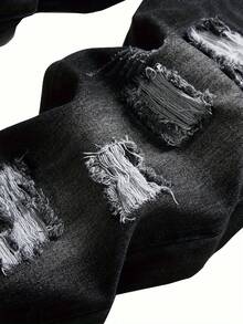 1 Pair Of Men's Jeans, Ripped Denim Street Pants, Slim Fit, Black Ripped Men's Jeans Suitable For All Seasons - 黑色 - 查看 7
