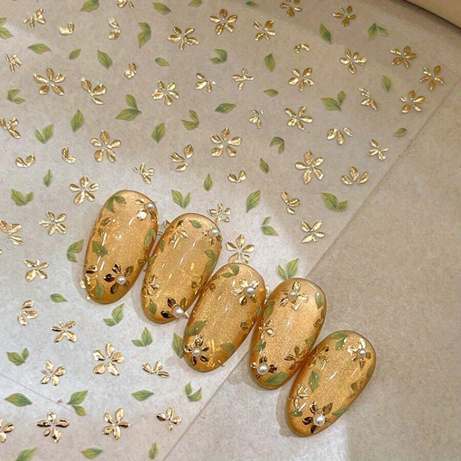 Golden Foil Flower Nail Stickers. Flower Adhesive Nail Decoration With Back Glue, Suitable For Beautiful Nails, Women, And Spring Festival - Vàng - Xem 1
