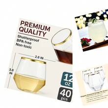 40-Count 12 Ounce Gold Rim Diamond Shape Stemless Plastic Wine Glasses, Break Resistant, Disposable & Reusable, Ideal For Home & Wedding