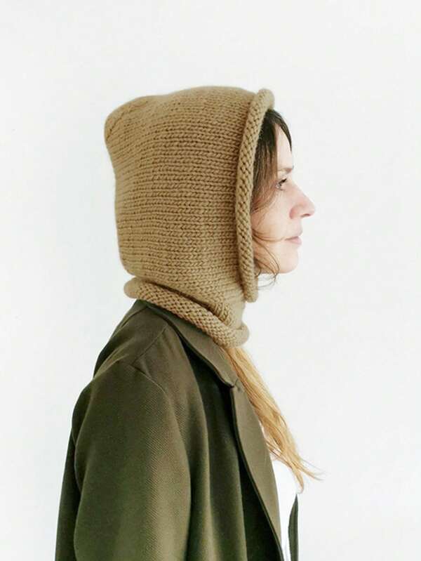 Winter Knitted Hooded Scarf, Warm Chunky Knit Balaclava, Soft Cozy Neck Warmer With Hat, Fashion All-Match