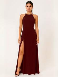 Long Sleeve Party Dress Long Bridesmaid Wedding Slit - 紅木色 - 查看 5