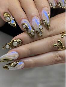 10pcs Handmade Wearable Nail Stickers, Suitable For Women, Full Coverage Reusable, Applicable For 3D Glitter Chrome Nails, Hand-Painted Glitter Nails, Metallic Y2K Style - Multicolor - View 3