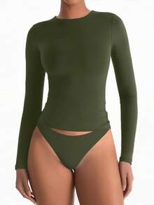 XLLAIS Camiseta de manga larga ajustada y elástica de color rojo brillante para mujer, de estilo casual y de club, para primavera - Verde militar - Ver 4