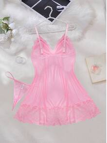 1pc Plus Size Sexy Deep V Lace Mesh Nightgown + 1pc Panty Set