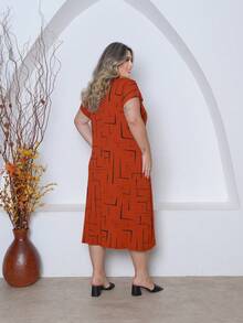 Printed Plus Size Midi Knit Dress - Terracotta - View 3
