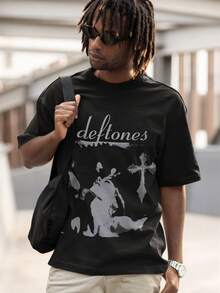 Classic Deftone Rock Print, Men's T-Shirt, Men's Retro Cross Art Print Loose Short Sleeved Shirt - 黑色 - 查看 2