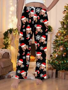 Customized Women's Christmas Pajama Pants, Snowflake & Christmas Icon Print, Comfortable Home Long Pants, Christmas Gift - Multicolor - View 2