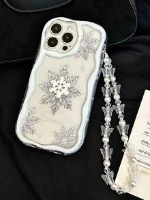 Cream Textured Wavy Edge Gloss Oil Snowflake Painted Anti-Drop Phone Case With Handmade Snowflake Decor, Handmade Beaded Bracelet, Compatible With IPhone 17pro/17Air/17/17promax 16/11/16pro/16plus/16promax/16e/15Promax/13/14/12/XS/XR/7G/8P, Compatible With Samsung Galaxy, Redmi