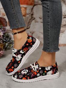 Round Toe Contrast Color Slip-On Halloween Ghost Pumpkin Bat Funny Element Fashion Versatile Lightweight Party Women Cartoon Canvas Shoes - Multicolor - View 16