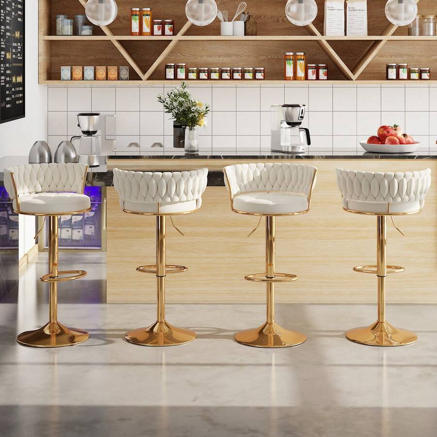 Bar Stools Set Of 2/Set Of 4, Adjustable Barstools Counter Height Stools With Back And Arm, Velvet Woven Kitchen Island Stools W/Gold Metal Leg & Base, 360° Swivel Bar Chair - White - View 1