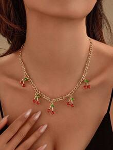 1pc Women's Fashion Jewelry, Vintage Style 18K Gold-Plated Cherry Pendant Necklace, Suitable For Vacation & Fashion, Cute Daily Accessory, Luxurious & Playful, Velvet Bag Included