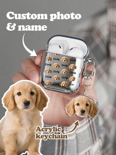 1 Estuche personalizado plateado electrolítico para auriculares + llavero a juego, personalizado con nombre y foto, tema personalizable, artículo de moda, regalo ideal
