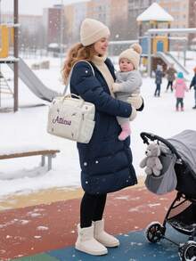 Personalized Embroidered Mommy Bag - Fashionable Large Capacity Diaper Tote Bag/Travel Shoulder Bag | Cute Cartoon Design | Customizable Name | Perfect Gift For New Moms