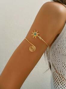 1pc 14K Gold Plated Boho Style Turquoise & Tiger Eye Sunflower Arm Cuff - Elegant Copper Arm Band, Versatile Body Jewelry, Suitable For Daily Wear, Parties, Casual Outfits, Weddings, Gifts, Suitable For Halloween, Christmas, Back To School, Thanksgiving, New Year