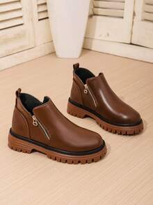 Botas Chelsea com Zíper Oblíquo para Mulheres, Bico Redondo, Salto Grosso, Botas de Tornozelo em Couro PU Marrom, Slip-On, Botas Curtas de Estilo Americano da Moda, Adequadas para Primavera e Outono