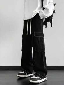 Khaki, Black, Beige Skate Twill Cargo Pants With Elastic - White Line - View 1