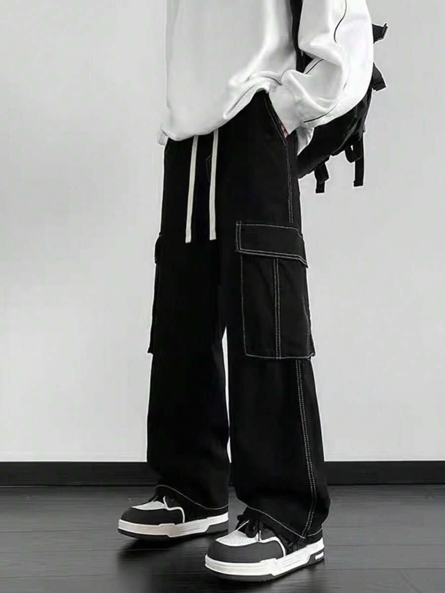 Khaki, Black, Beige Skate Twill Cargo Pants With Elastic - White Line - View 1