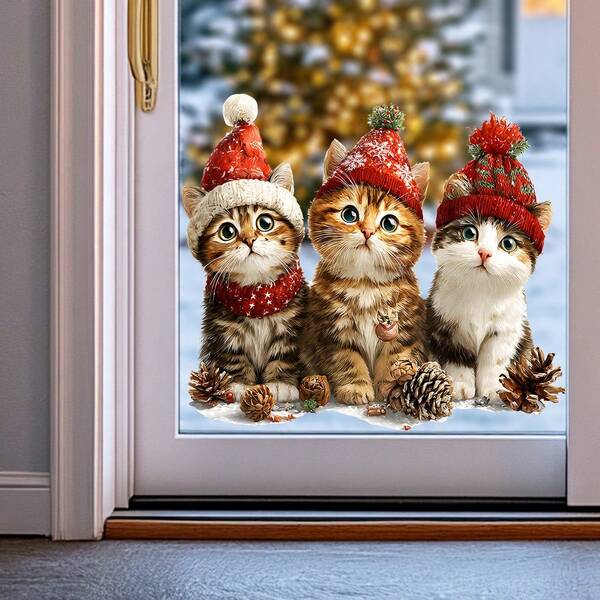 Cute Christmas Kitten Window Stickers, Snowflake Hat Cat Design Stickers, Static Cling Removable Reusable Decals, Suitable For Christmas Window Decoration - Holiday Atmosphere Christmas Cat Window Decals Home Decor Christmas Decorations Room Decor Christmas Decorations Home