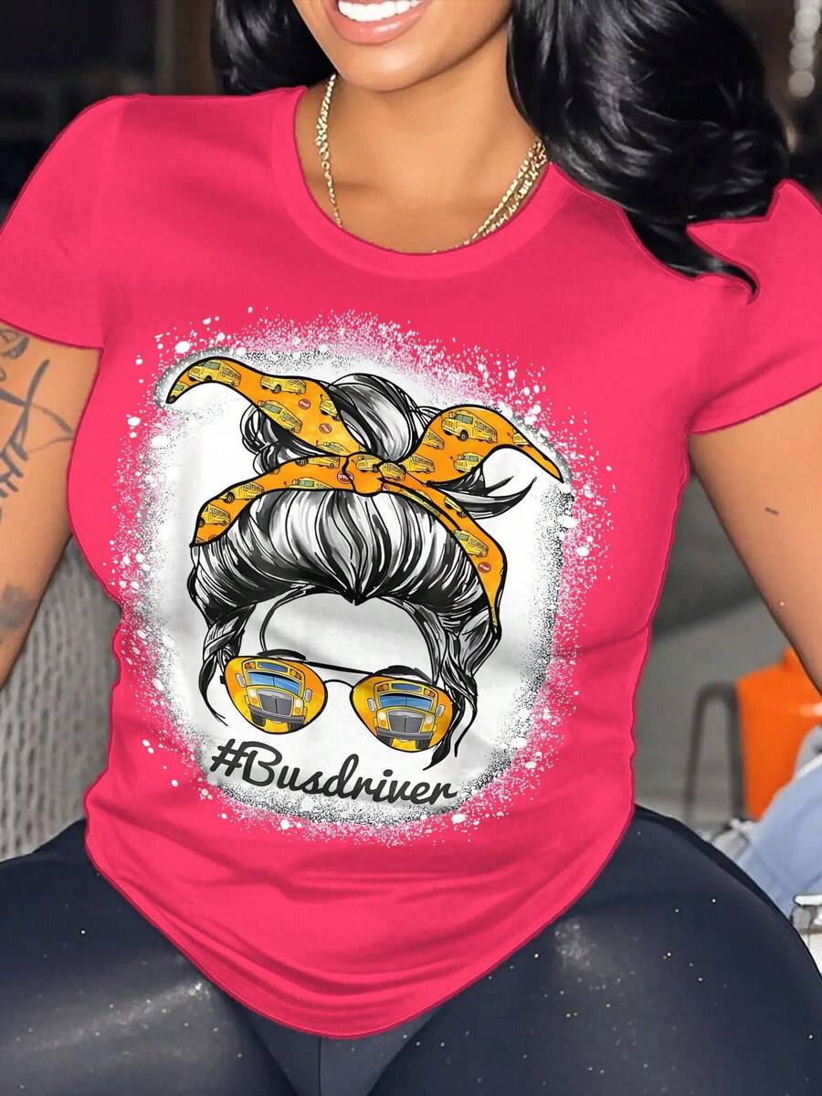 Women's Plus-Size Bus Driver Life Messy Bun Hair Cute School Bus Driver Fashionable Casual Daily Shopping Loose T-Shirt - 粉色 - 查看 1