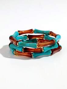 1 Set Of 3pcs Bohemian Acrylic Marble Texture Olive Green Bamboo Beaded Elastic Bracelets, Suitable For Women's Daily Wear, Gift, Holiday, Beach Jewelry - Blue - View 6