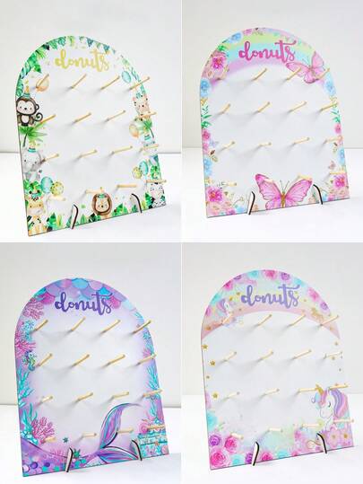 1 Set Of Wooden Arch Donut Display Stand, Jungle Animals, Pink Butterfly, Rainbow Unicorn And Mermaid Pattern Donut Display Stand, Birthday Party Wedding Table Decoration Dessert Display Stand, Party Wedding Table Centerpiece Decoration Display Stand, Thanksgiving Christmas Party Kitchen Cooking Stand