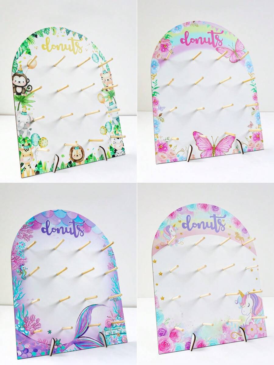 1 Set Wooden Arch-Shaped Donut Display Stand, Patterns Include Jungle Animals, Pink Butterflies, Rainbow Unicorns And Mermaids, Suitable For Birthday Party, Wedding Table Decoration, Dessert Display, Party Wedding Table Centerpiece Decoration, Thanksgiving, Christmas Party Kitchen Cooking And Other Occasions. - Multicolor - View 1
