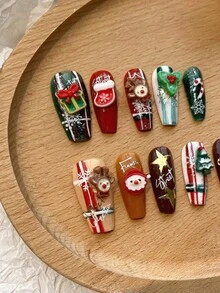 10 Pieces Of Acrylic Press On Nails, Red And Green Press On Coffin Shaped Fake Nails Long Nails DIY Christmas Nails, Snowflakes With Glitter Nails Charms, Red Nails Green Nails Are Suitable For Women For Weddings, Parties, Festivals, Holidays, Holidays, Holidays, Gift Nail Tools