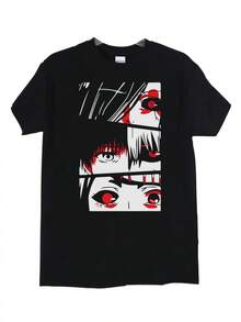 Men'S  Ken Kaneki Anime Graphic T-Shirt - Black Casual Crew Neck Tee With Bold Red Eyes & White Hair Design, Soft Fabric Regular Fit For Casual Attire, Allseason Apparel | Bold Character Shirt | Comfortable Fit - Negro - Ver 1