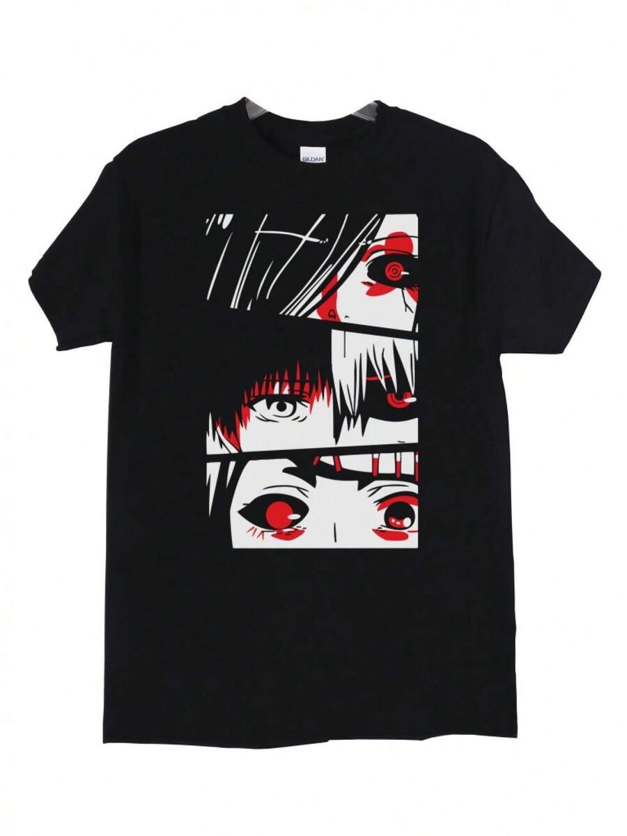 Men'S Ken Kaneki Anime Graphic T-Shirt - Black Casual Crew Neck Tee With Bold Red Eyes & White Hair Design, Soft Fabric Regular Fit For Casual Attire, Allseason Apparel | Bold Character Shirt | Comfortable Fit - Negro - Ver 1