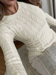 Women's Knitted Long Sleeve T-Shirt, Freeform Style, Fashionable & Minimalist, Suitable For Business, Casual, Commute, Elegant Vacation Wear, Warm, High-End, Versatile, Slimming, Victory Day, Cute, Retro Korean Style