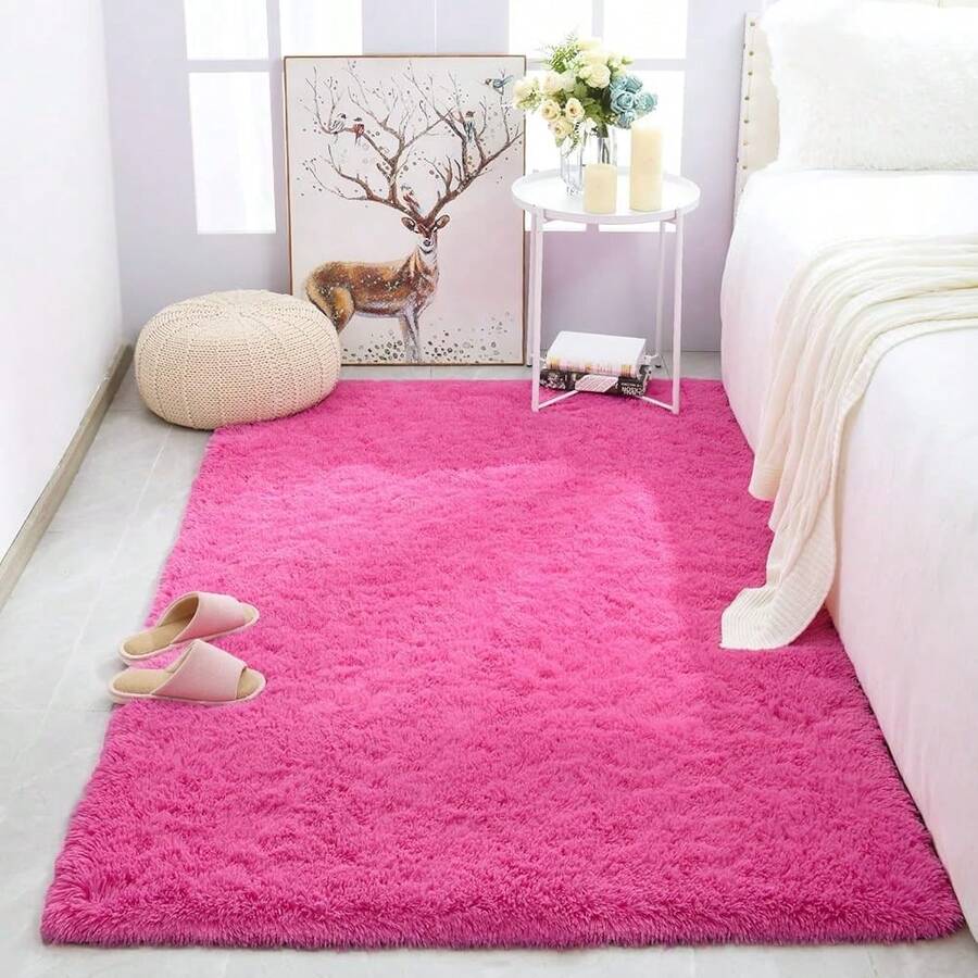 Soft Modern Indoor Shaggy Rug For Bedroom Livingroom Dorm Kids Room Home Decorative, Non-Slip Plush Fluffy Furry Fur Area Rugs Comfy Nursery Accent Floor Carpet 3x5 Feet, Hot Pink - 亮粉紅色 - 查看 1