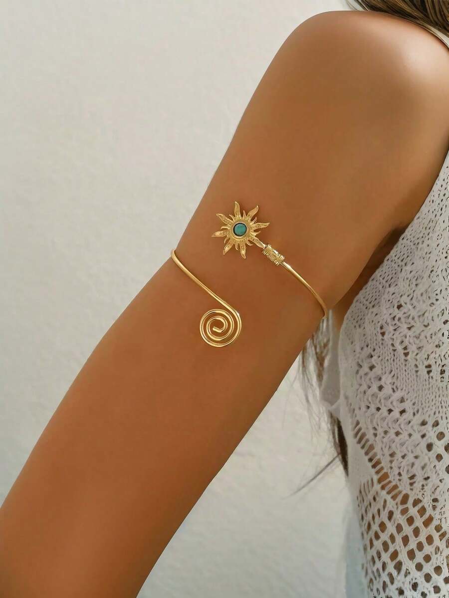 1pc 14K Gold Plated Boho Style Turquoise & Tiger Eye Sunflower Arm Cuff - Elegant Copper Arm Band, Versatile Body Jewelry, Suitable For Daily Wear, Parties, Casual Outfits, Weddings, Gifts, Suitable For Halloween, Christmas, Back To School, Thanksgiving, New Year