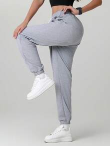 2pcs Women's Solid Color Casual Pants With Pockets, Versatile For Daily, Hiking, Running, Cycling, Walking, Jogging Spring Sports - Grey - View 9
