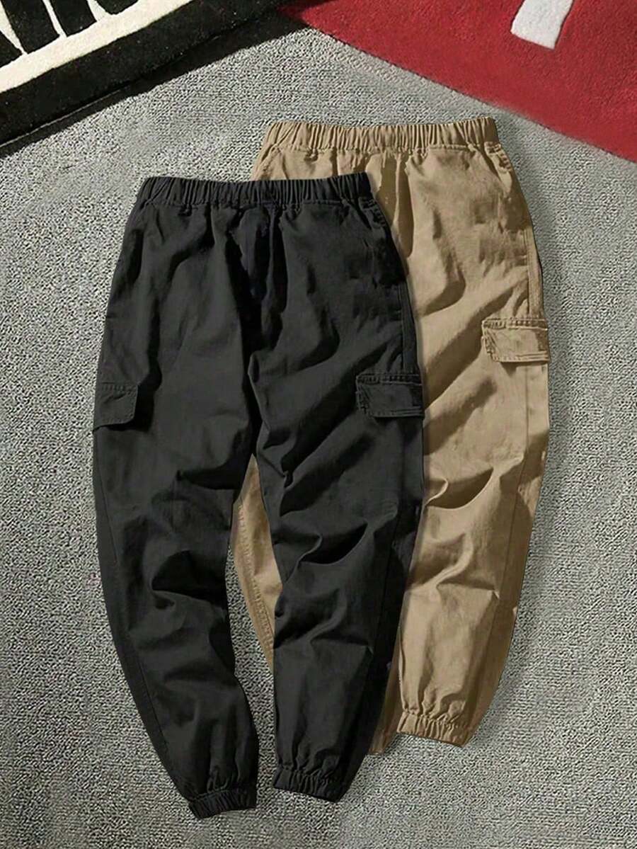 2 piezas Pantalones jogger versátiles, casuales y sencillos personalizados para niños preadolescentes - Negro - Ver 1