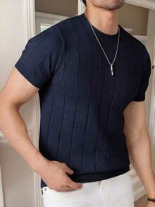 Men's Casual Crew Neck Solid Color Short Sleeve Knit T-Shirt - Navy Blue - View 6