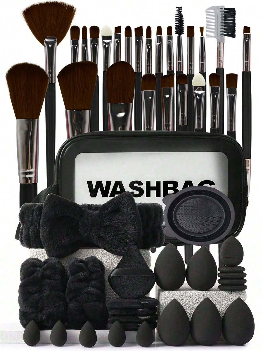 50件套化妆刷套装，混合化妆美容工具，包含：25支化妆刷、1个化妆包、5个美妆蛋、5个粉扑、5个迷你美妆蛋、5个迷你指套粉扑、1个发带、2个腕带、1个清洁工具。基础化妆刷，快速上妆，适合初学者和专业化妆师。化妆刷套装，化妆刷套装，化妆刷套装，全套化妆刷，化妆刷套装，全套化妆工具，化妆刷套装，化妆刷套装，化妆礼盒套装 - 黑色 - 查看 1