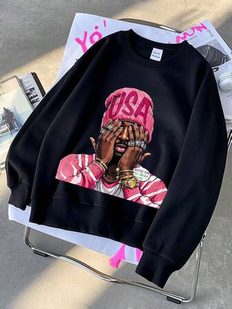 Teenager Jungen Street Fashion Portrait Muster Muster Oversized Loose Langarm Rundhals Sweatshirt, Jungen Einfarbig Rundhals Sweatshirt, geeignet für den täglichen Gebrauch, Partys, Schule, Musikfestivals, Urlaub, Pendeln. Kann als Geschenk für Familie, Freund, Freundin, Freunde verwendet werden.