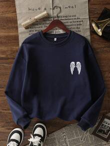 Nuova felpa semplice e alla moda da donna con stampa ad ali, collo equipaggio, colore grigio scuro, versatile e adatta per l'autunno/inverno