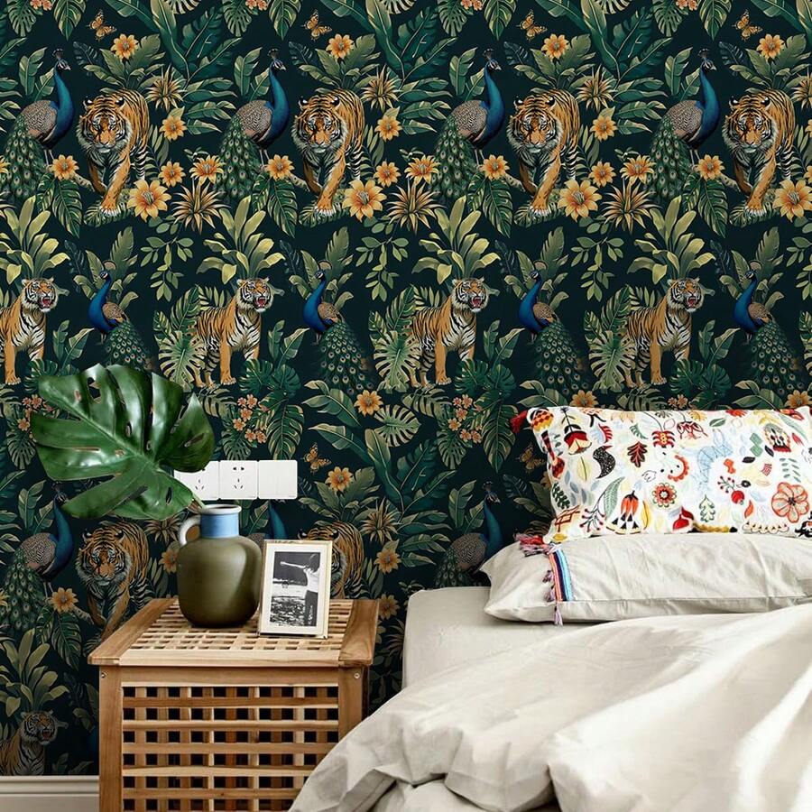 1 Roll Retro Green Forest Self-Adhesive Wallpaper, Tiger Peacock Floral Plant Pattern, Peel And Stick, Waterproof Wallpaper, Removable Contact Paper, Easy To Install, Suitable For Home Decor, Bedroom, Living Room, Kitchen Wallpaper, Furniture Cabinet Surface Renovation Stickers, Back To School Season And Autumn Holiday Gift, 17.32* 118.11/196.85 Inches