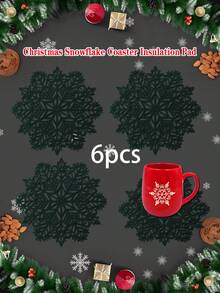 1/6pcs Christmas Snowflake Coasters, Heat Insulation Coasters For Christmas Party Table Decoration, Christmas Scene Decor Coasters, PVC Foil Snowflake Coasters
