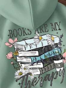 女士宽松卫衣，套头衫，落肩曲线卫衣，花卉书籍印花，抽绳连帽，宽松休闲运动风，百搭复古学院风，适合寒冷天气穿着，长袖上衣，女士街头风卫衣，度假装扮，春夏必备 - 抹茶綠- - 查看 3