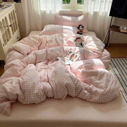 3pcs Pink 100% Polyester Nordic Plaid Duvet Cover Set, 2 Pillow Shams + 1 Duvet Cover (No Bed Sheet) For Room Decor