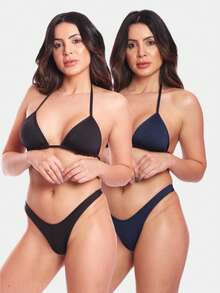 KIT 2 Bikini Thong Panties Hang Glider Summer Beachwear - 黑色和海軍藍 - 查看 1