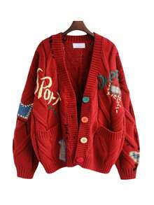 2025 Lightweight Sweaters Cardigan For Women Cable KnitLong Sleeve Tops Open Front Cardigan Sheep V-NeckButton Down Embroidery Wool Blend Sweater Coat Outwear - Đỏ - Xem 1