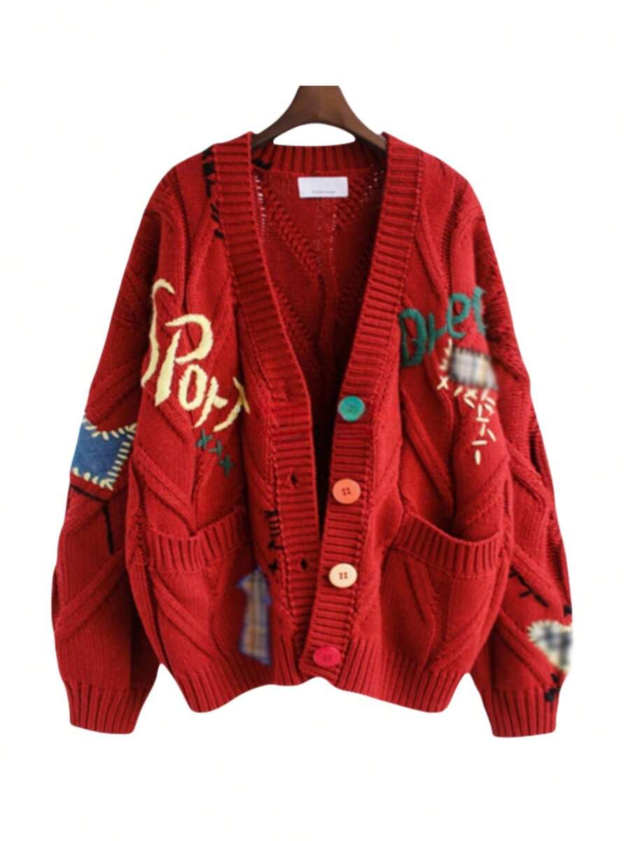 2025 Lightweight Sweaters Cardigan For Women Cable KnitLong Sleeve Tops Open Front Cardigan Sheep V-NeckButton Down Embroidery Wool Blend Sweater Coat Outwear - Đỏ - Xem 1