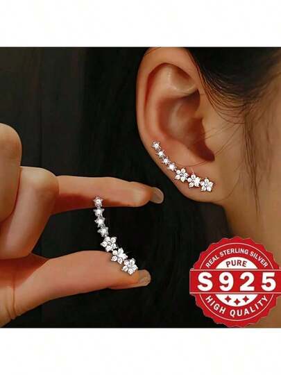 1 Pair Of S925 Silver Ladies' Pearl Ear Studs, Weighing 3.2g, Suitable For Daily/ Commuting/ Banquet Versatile And Elegant Ladies' Crawler Earrings. French Retro Holiday Gift/ Essential GiftFlower Earrings, Lovely Flower Design, Overall Exquisiteness Adds Gorgeousness And Elegance, Suitable For Daily And Music Festival Wear, Perfect Valentine's Day Gift, Novelty Earrings.